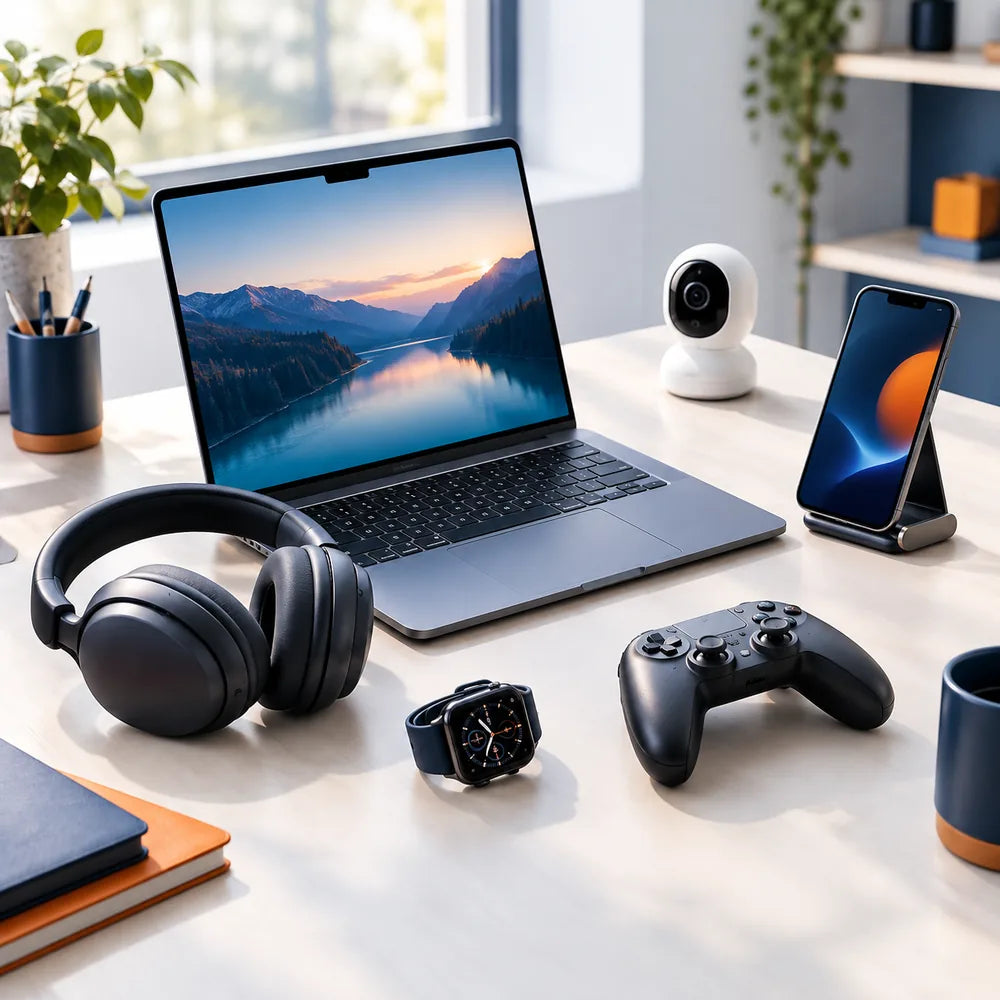 Laptop, slušalice, kontroler i mala kamera na radnom stolu