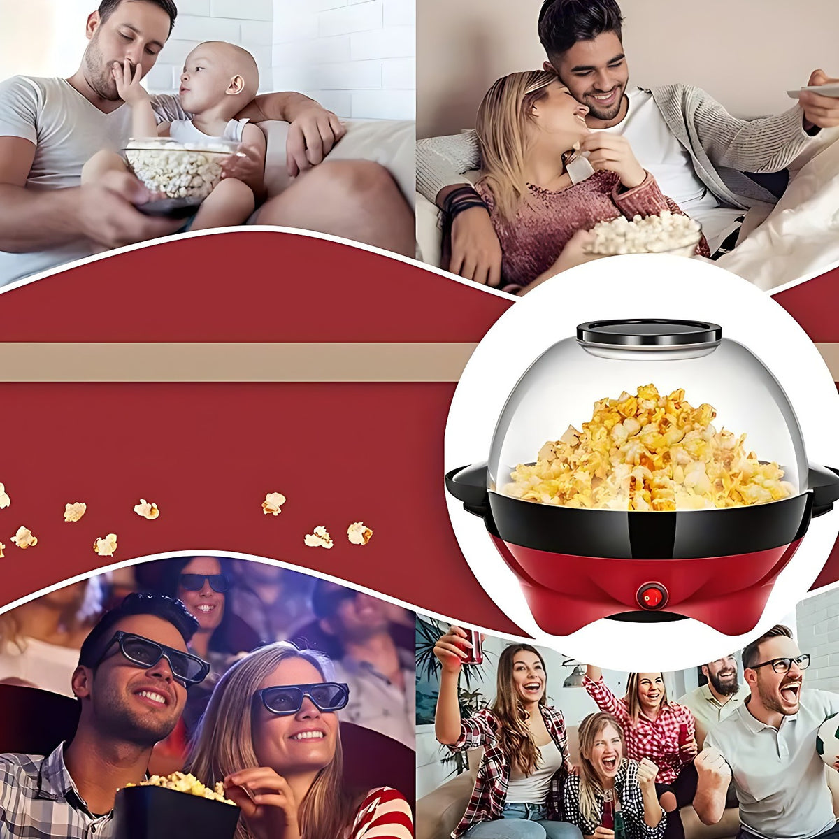 Porodica i prijatelji jedu kokice uz film, u sredini aparat za kokice sa providnom posudom punom kokica
