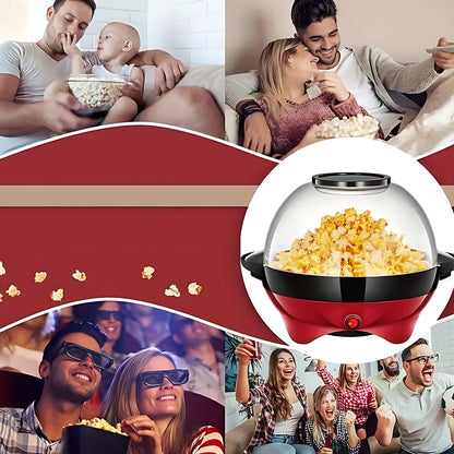 Porodica i prijatelji jedu kokice uz film, u sredini aparat za kokice sa providnom posudom punom kokica