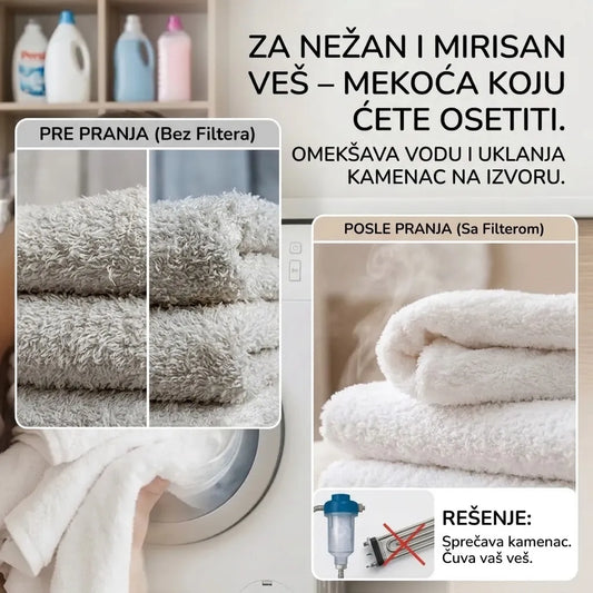 Poređenje peškira pre i posle pranja sa filterom protiv kamenca za veš mašinu