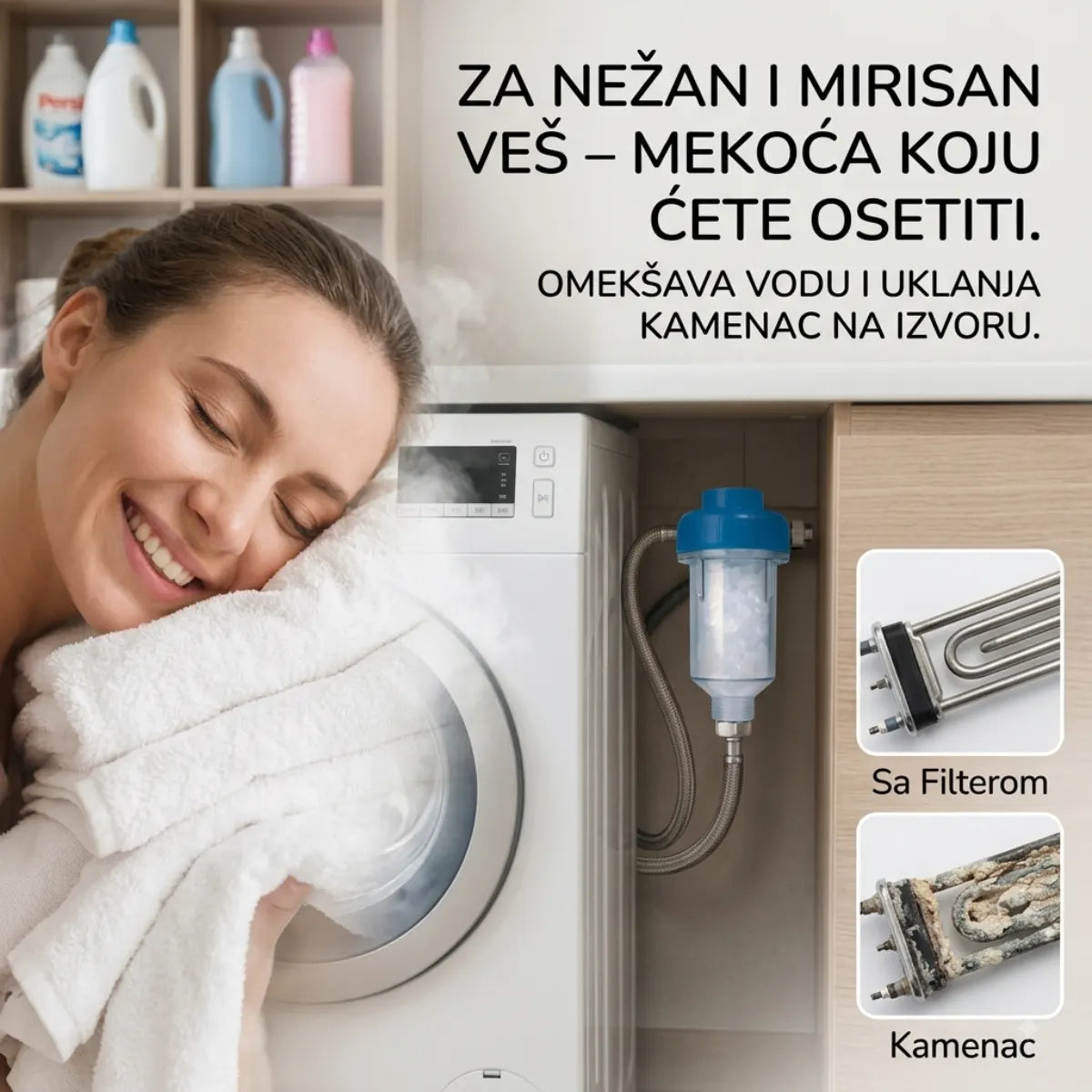 Žena drži mekan veš pored veš mašine sa montiranim filterom protiv kamenca