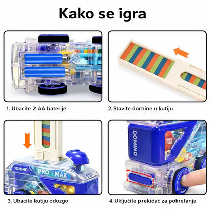 Domino autić vozi po podu i za sobom ostavlja poređan red šarenih domina