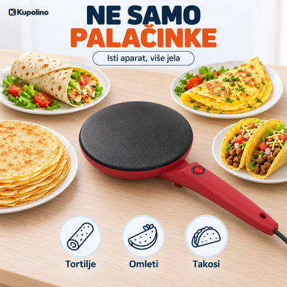 Aparat za palačinke na stolu okružen tortiljom, tankim omletom, takosima i palačinkama
