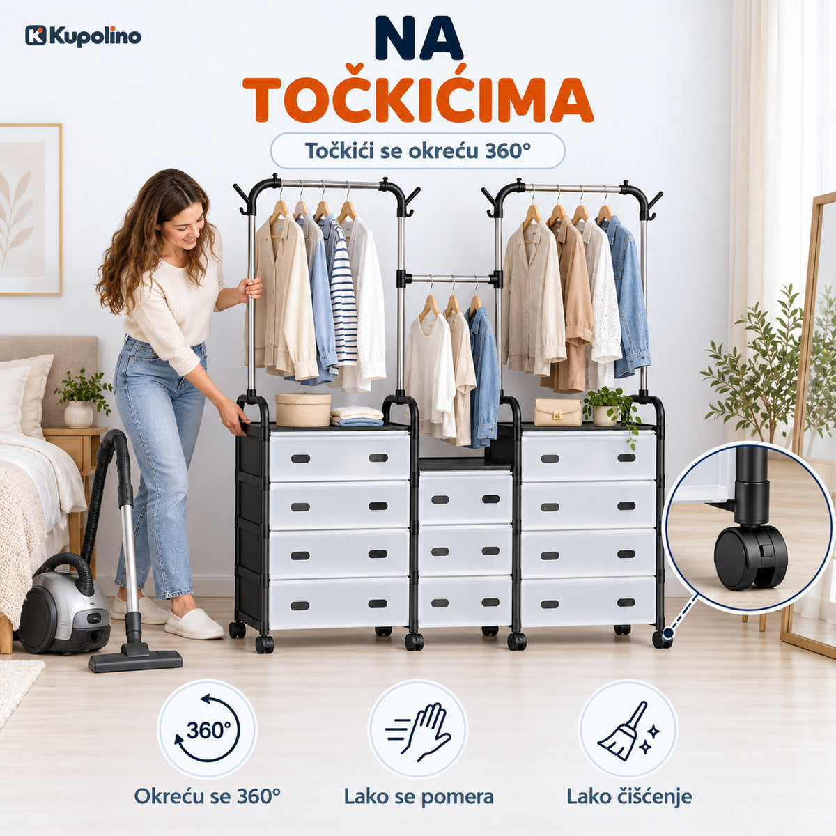 Žena pomera garderober na točkićima dok usisava, uvećan točak koji se okreće 360 stepeni