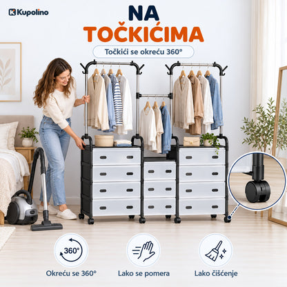Žena pomera garderober na točkićima dok usisava, uvećan točak koji se okreće 360 stepeni