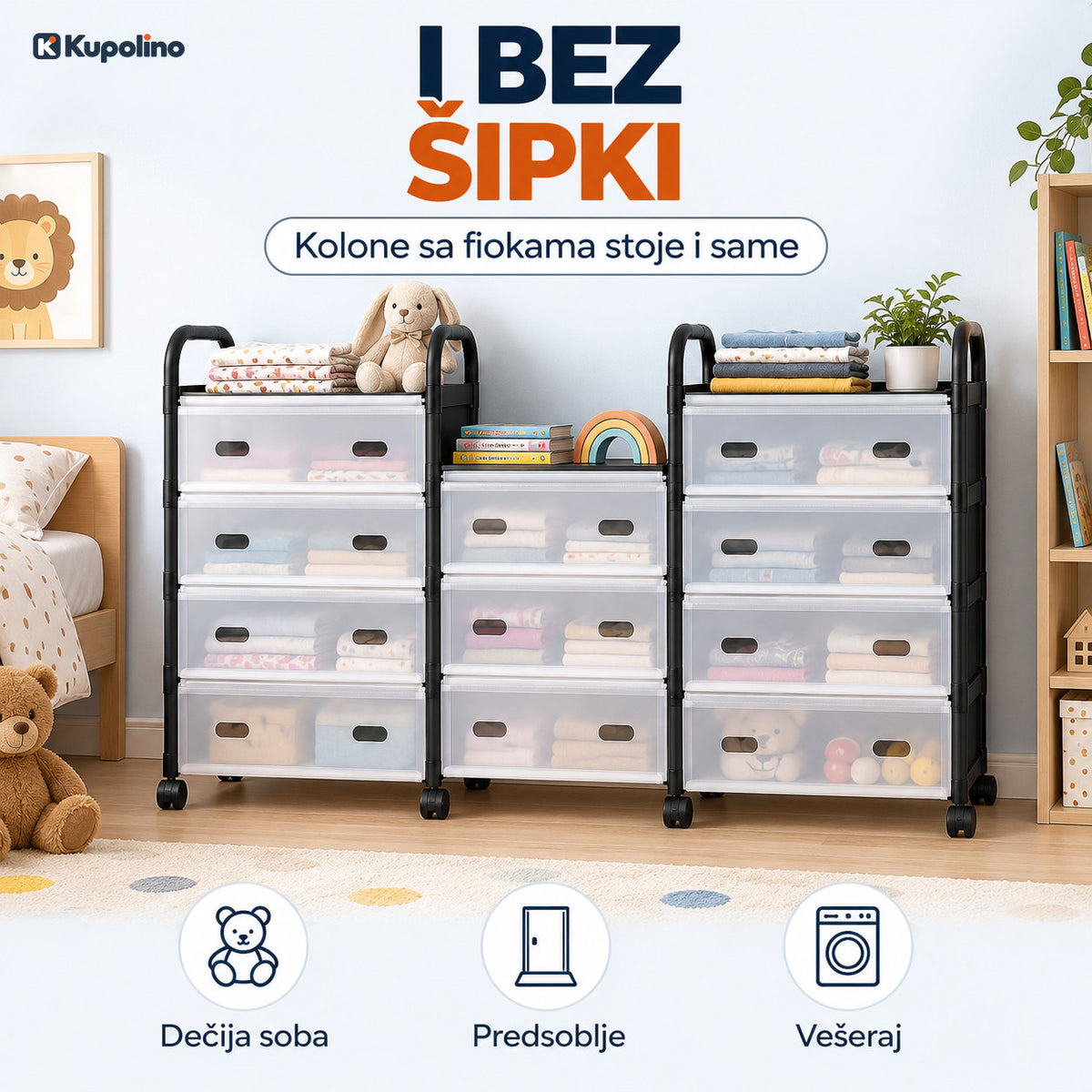Tri kolone sa fiokama bez šipki u dečijoj sobi, sa složenom odećom i igračkama