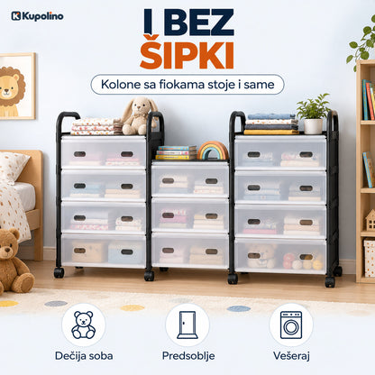 Tri kolone sa fiokama bez šipki u dečijoj sobi, sa složenom odećom i igračkama