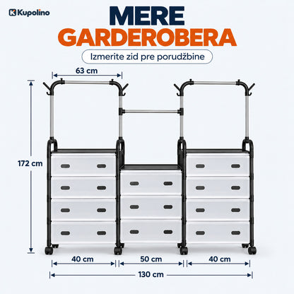 Mere garderobera na točkićima: 130 x 172 cm, kolone 40, 50 i 40 cm, šipke 63 cm