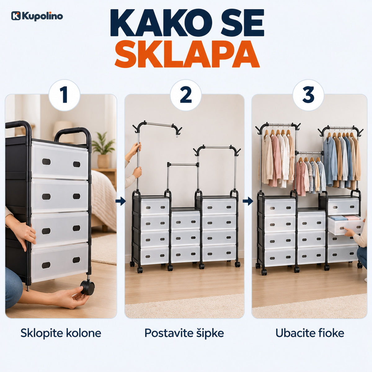 Tri koraka sklapanja: sklopite kolone, postavite šipke, ubacite fioke