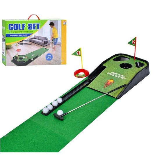 Mini golf set sa zelenom stazom, tri rupe sa zastavicama, palicom i lopticama