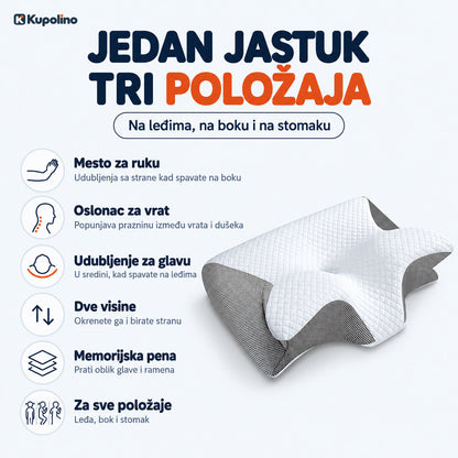 Ortopedski jastuk od memorijske pene sa prednostima: mesto za ruku, oslonac za vrat, udubljenje za glavu i dve visine