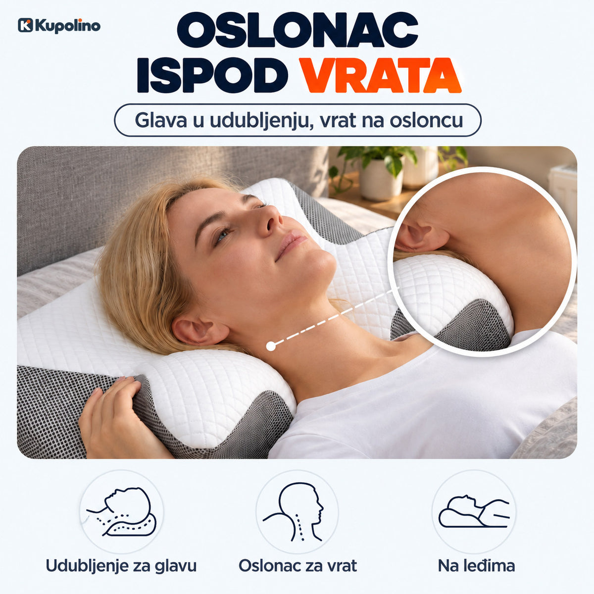 Žena leži na leđima na ortopedskom jastuku, vrat joj se oslanja na ispupčeni deo jastuka