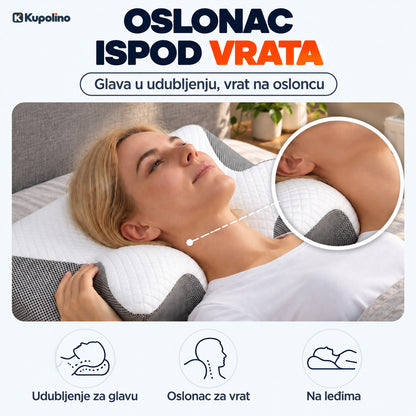 Žena leži na leđima na ortopedskom jastuku, vrat joj se oslanja na ispupčeni deo jastuka
