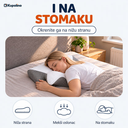 Žena spava na stomaku na nižoj strani ortopedskog jastuka od memorijske pene
