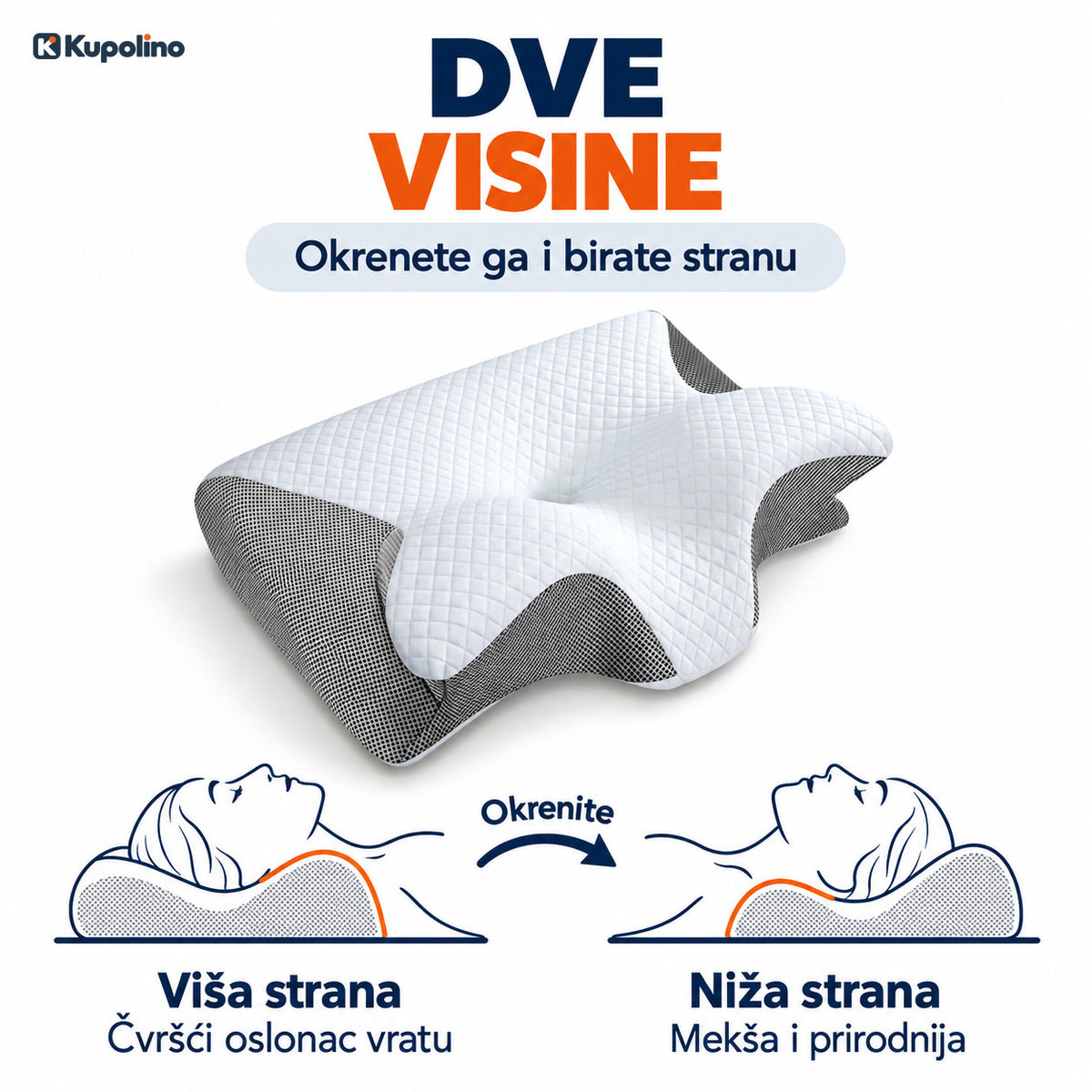 Ortopedski jastuk sa dve strane različite visine, viša strana za čvršći oslonac vratu i niža za mekši