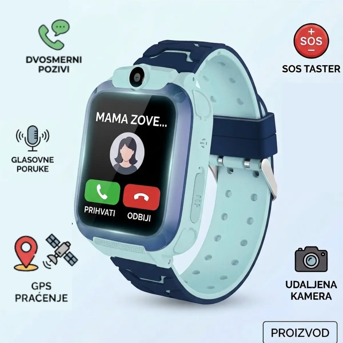 Plavi pametni sat za decu sa dvosmernim pozivima i glasovnim porukama