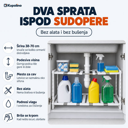 Polica sa dve etaže u ormariću ispod sudopere, odvodna cev prolazi kroz razmaknute letvice, dole boce sa deterdžentom