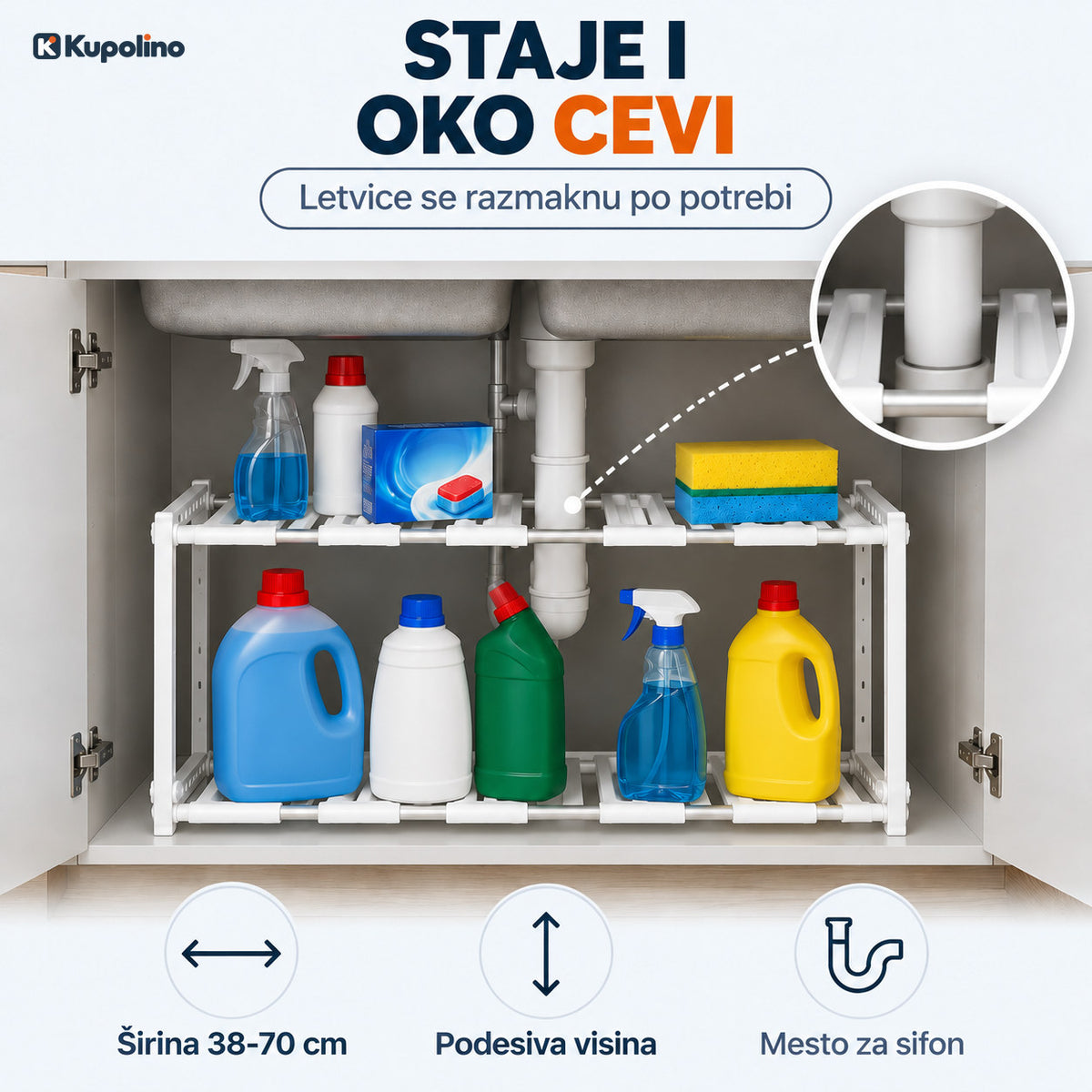 Razmaknute letvice na gornjoj polici kroz koje prolazi odvodna cev sudopere