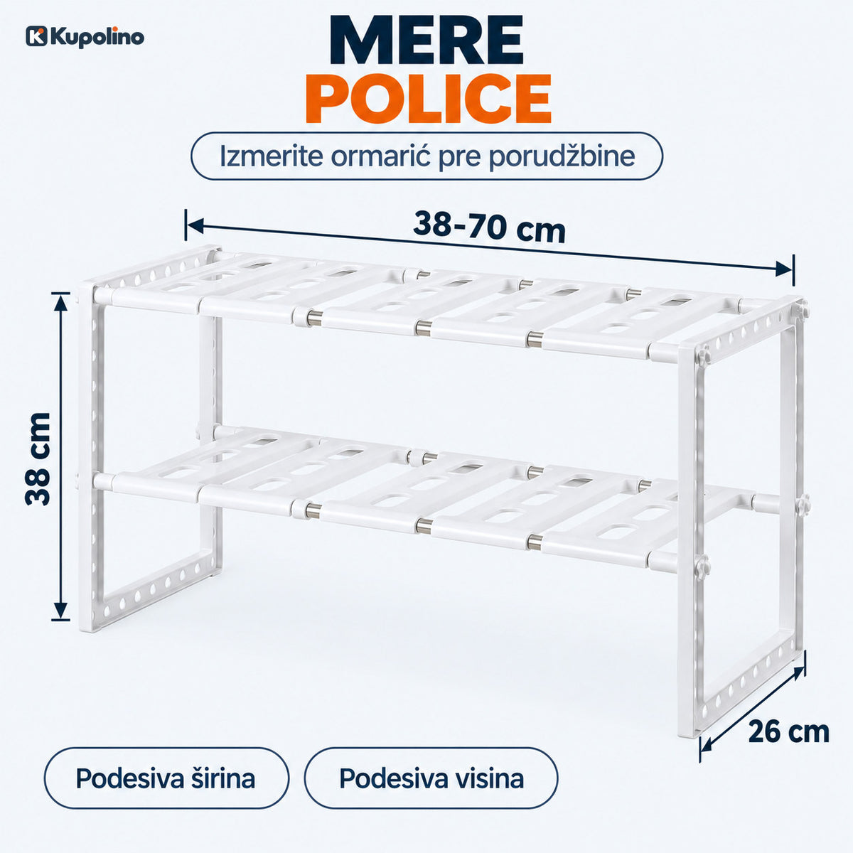 Mere podesive police za ispod sudopere: širina 38-70 cm, visina 38 cm, dubina 26 cm