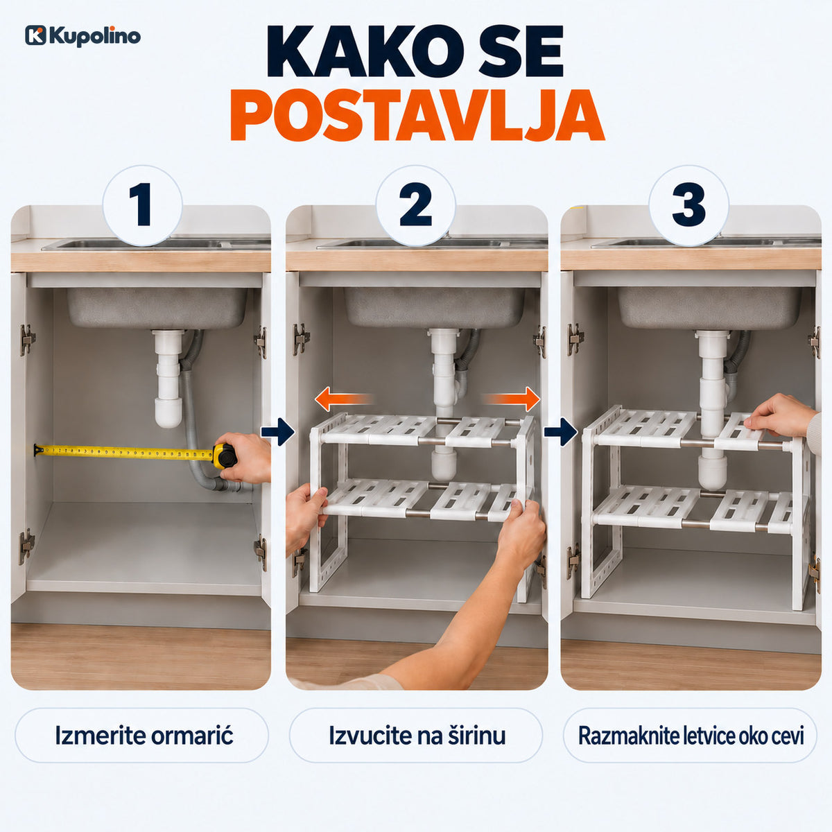 Tri koraka: izmerite ormarić, izvucite policu na širinu, razmaknite letvice oko cevi