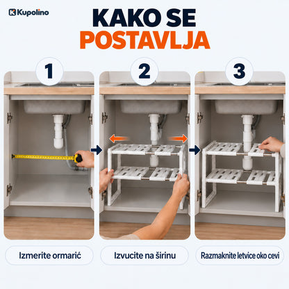 Tri koraka: izmerite ormarić, izvucite policu na širinu, razmaknite letvice oko cevi