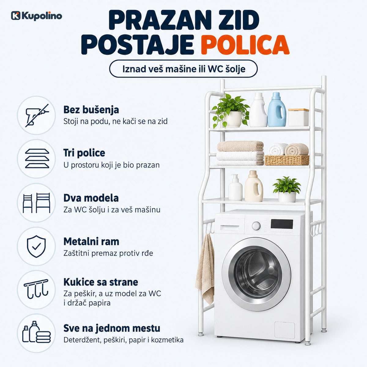 Prednosti police iznad veš mašine i WC šolje: bez bušenja, tri police, dva modela, metalni ram i kukice, polica iznad veš mašine
