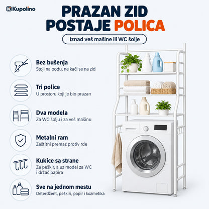 Prednosti police iznad veš mašine i WC šolje: bez bušenja, tri police, dva modela, metalni ram i kukice, polica iznad veš mašine