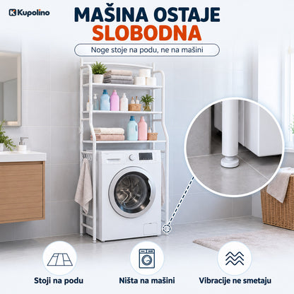 Polica stoji na podu oko veš mašine, noge pored mašine, a mašina ostaje slobodna