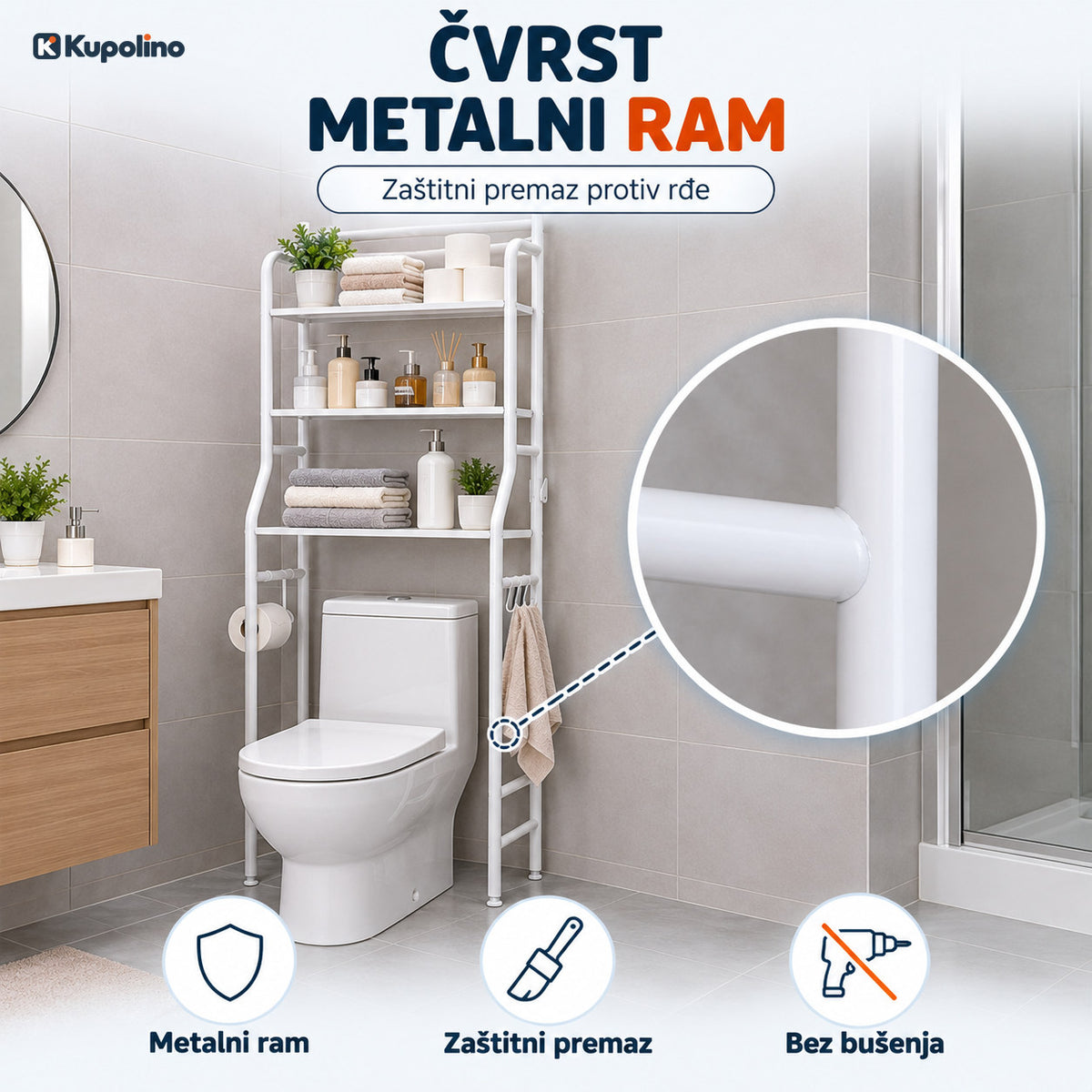 Bela metalna polica iznad WC šolje sa peškirima, kozmetikom i držačem za toalet papir