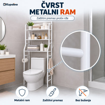 Bela metalna polica iznad WC šolje sa peškirima, kozmetikom i držačem za toalet papir