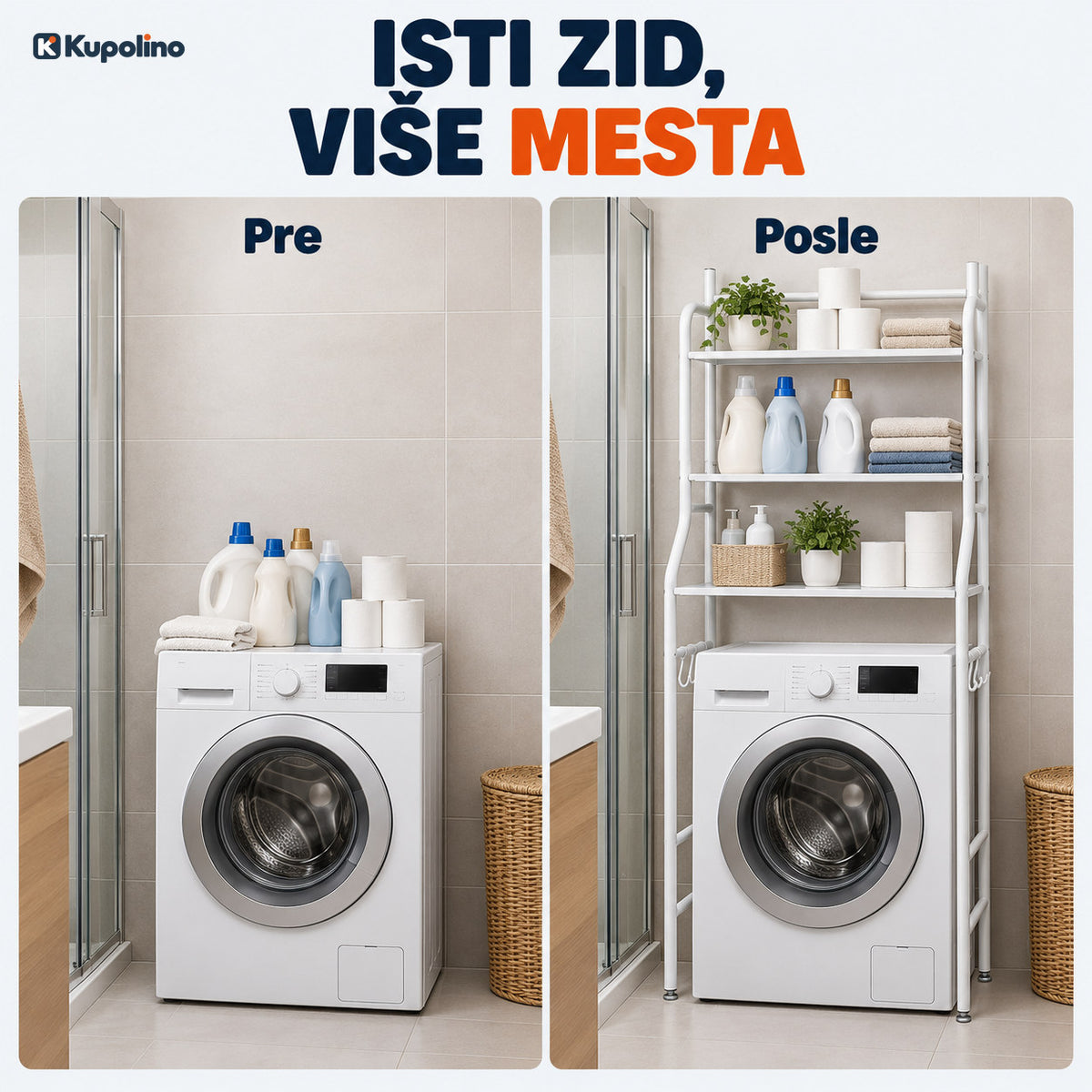 Pre i posle: stvari na veš mašini i iste stvari složene na policu iznad mašine