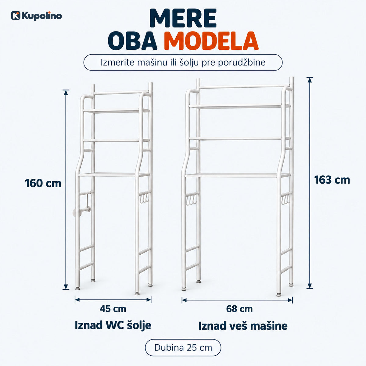 Mere police za kupatilo: model za WC šolju 160 x 45 cm, model za veš mašinu 163 x 68 cm, dubina 25 cm