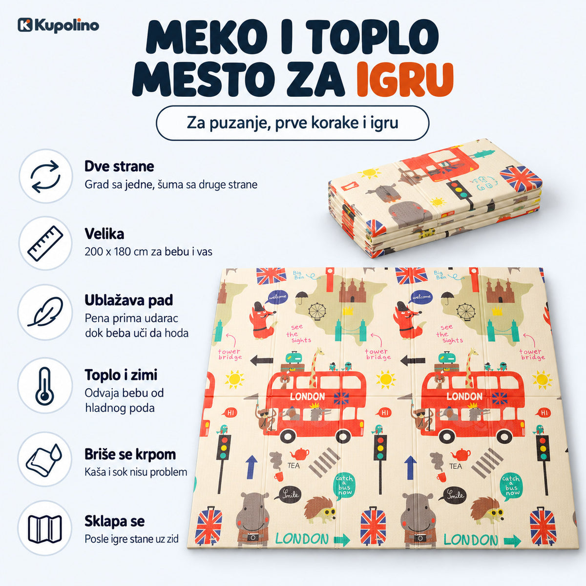 Prednosti sklopive podloge za igru: dve strane, 200 x 180 cm, ublažava pad, topla je i zimi, briše se krpom i sklapa se