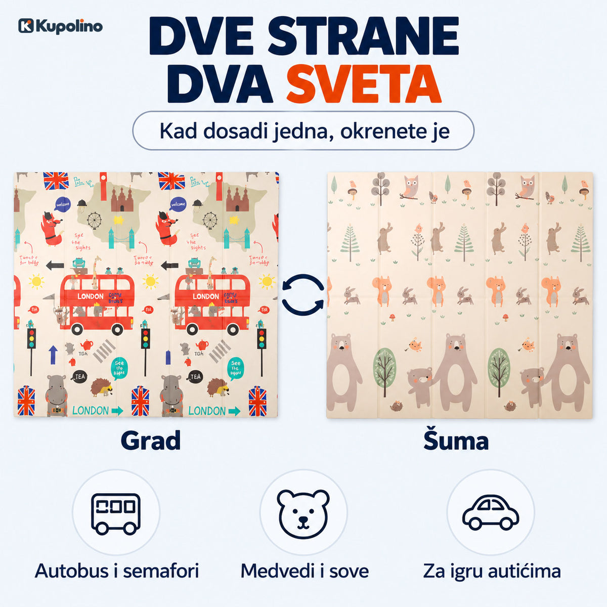 Dve strane podloge za igru, grad sa crvenim autobusima i šuma sa medvedima i sovama