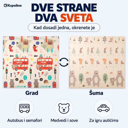 Dve strane podloge za igru, grad sa crvenim autobusima i šuma sa medvedima i sovama