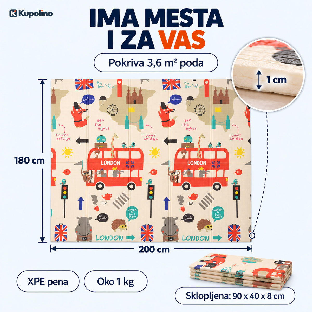 Dimenzije podloge za igru 200 x 180 cm, debljina 1 cm, sklopljena 90 x 40 x 8 cm