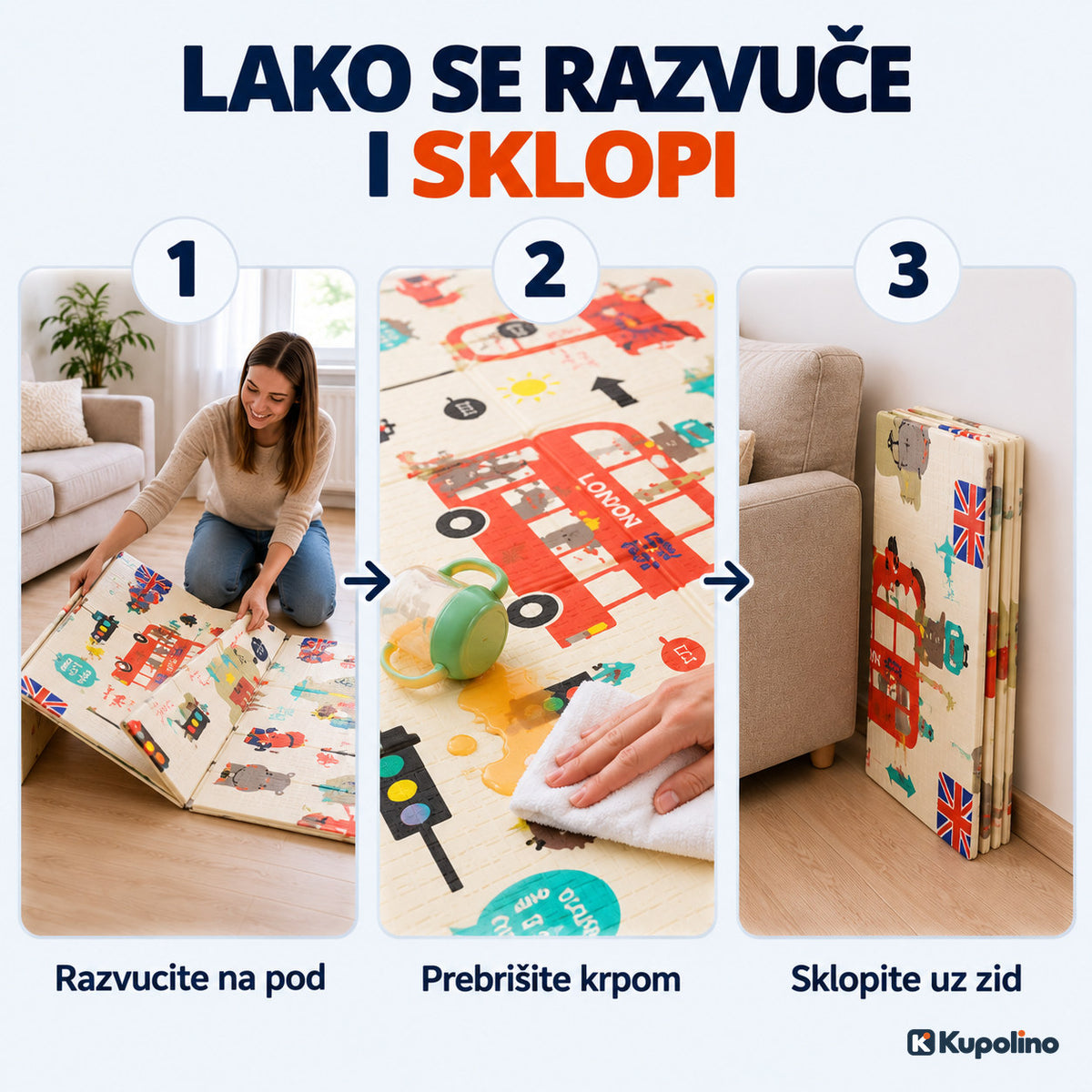 Podloga za igru se razvuče na pod, prebriše krpom i sklopi uz zid