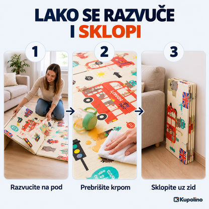 Podloga za igru se razvuče na pod, prebriše krpom i sklopi uz zid