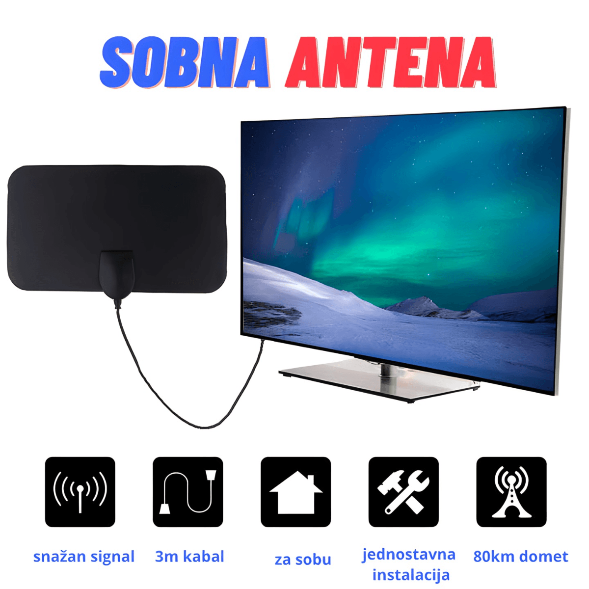 Unutrašnja HDTV antena sa kablom za antenski ulaz televizora