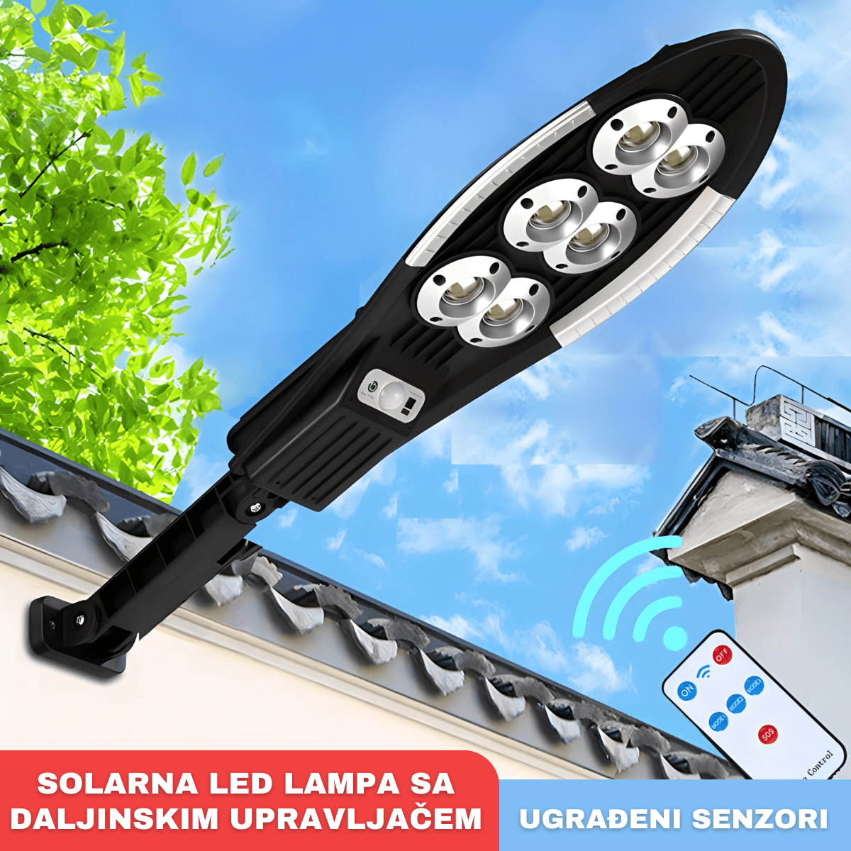 Solarna LED lampa sa senzorom pokreta i daljinskim upravljačem za osvetljenje dvorišta