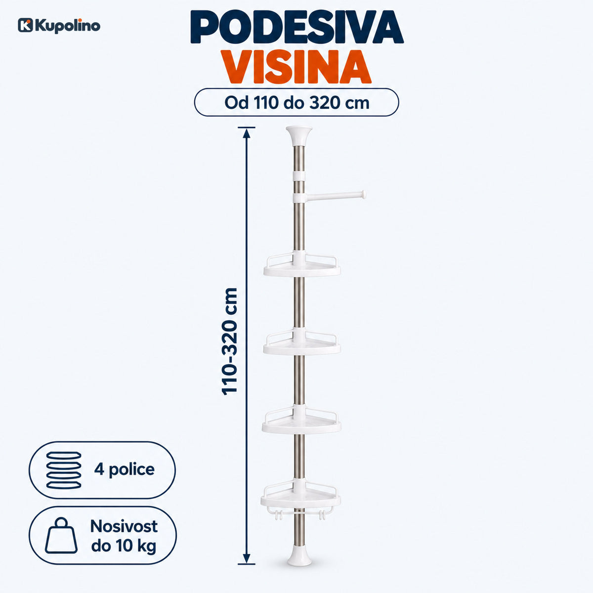 Teleskopska ugaona polica za tuš sa podesivom visinom od 110 do 320 cm i nosivošću do 10 kg