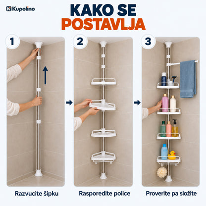 Tri koraka postavljanja: razvucite šipku u uglu, rasporedite police, proverite pa složite kozmetiku