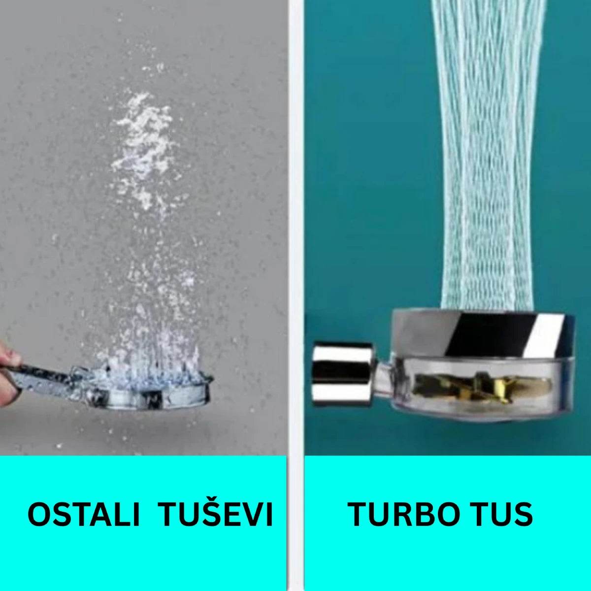 Poređenje mlaza običnog tuša i turbo tuša sa jačim pritiskom vode